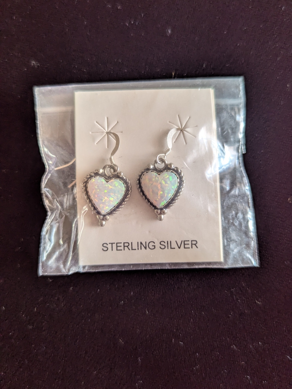 Sterling Silver Heart Opal Dangle Earrings - White Opalescent
